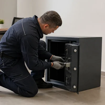 Técnico revisando el mecanismo de una caja fuerte abierta