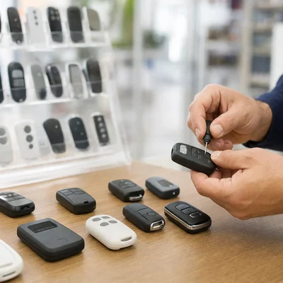 Mandos de garaje de distintos tipos sobre el mostrador de la tienda